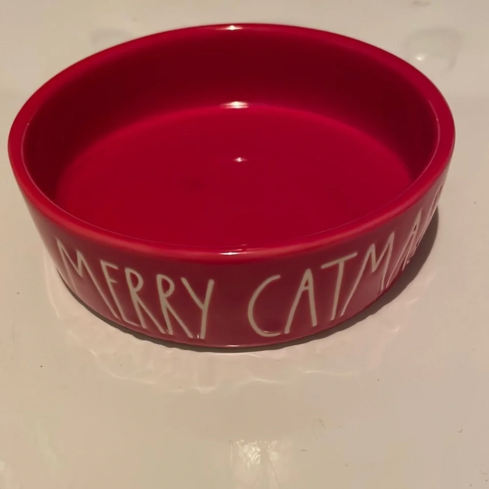 Rae Dunn Cat dish bowl red white artisan collection magenta Merry catmas